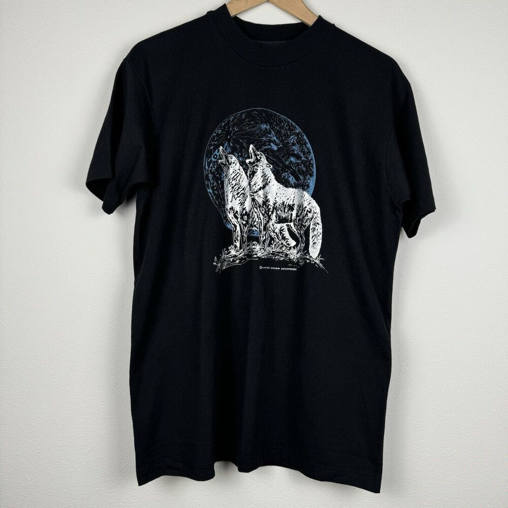 VINTAGE Howling Wolf Men Shirt Large Black Full Moon National Single Stitch